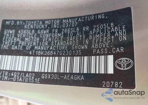 2007 Toyota Avalon Xls z USA, uszkodzony, nr VIN 4T1BK36B47U230135